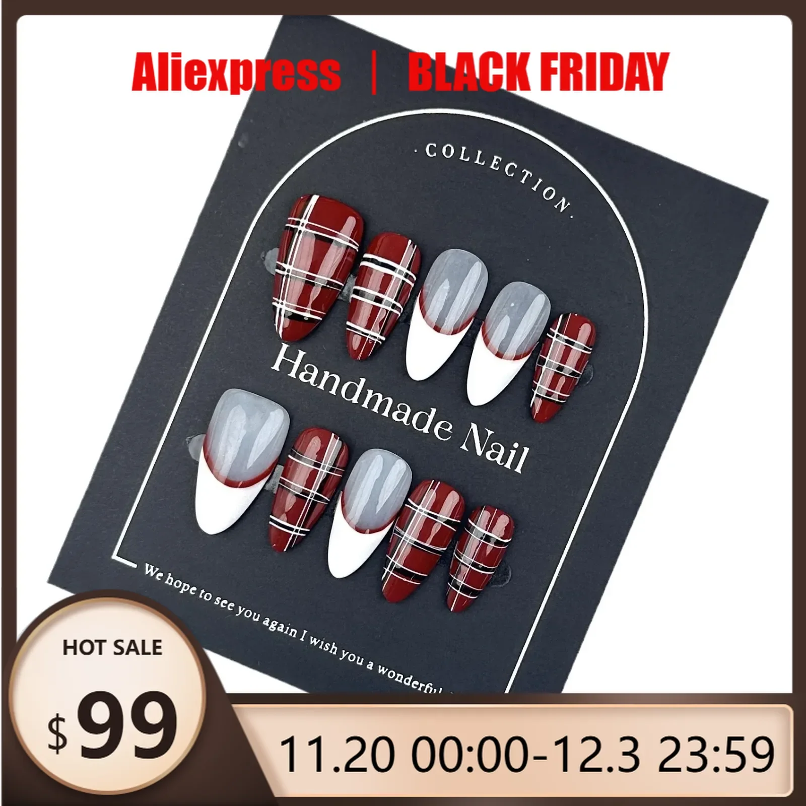 

10 шт. Y2K миндально-красный пресс ручной работы для ногтей во французской клетке с полным покрытием для женщин и девочек съемные носимые накладные ногти