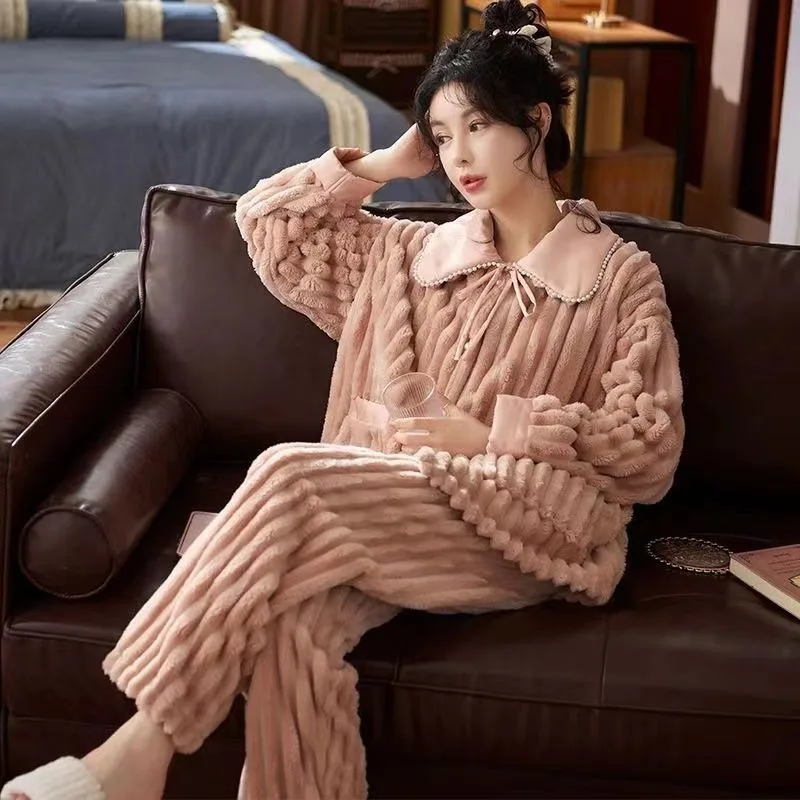 New Pajamas Women's Coral Plush Autumn Winter 2-Piece Loungewear Set Thicken Sweet Cute Girls Korean Edition Home Wear Sleepwear