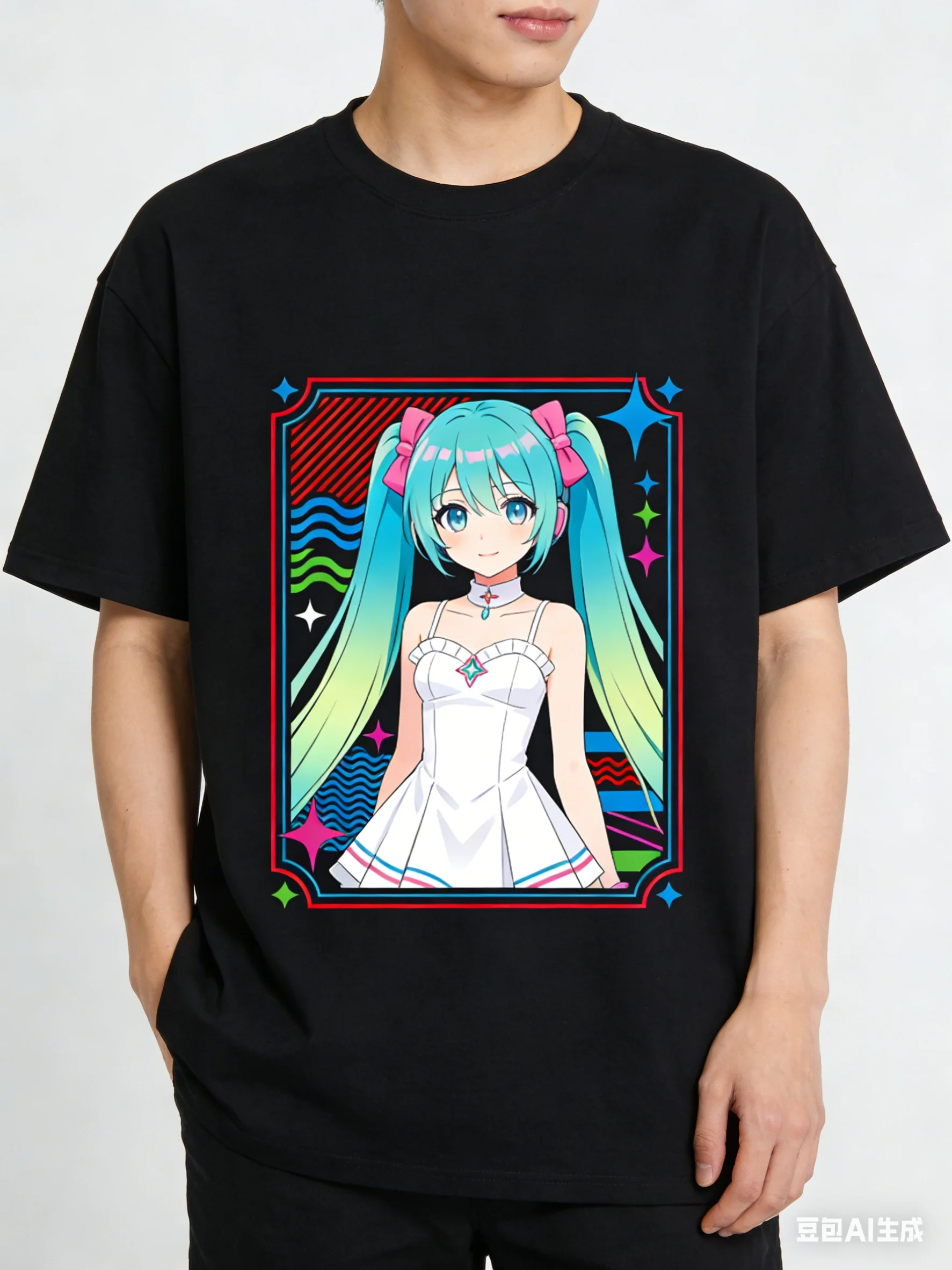 

Футболка с принтом Hatsune Miku Collaboration, японское аниме, свободный крой, утягивающий эффект, для модных девушек