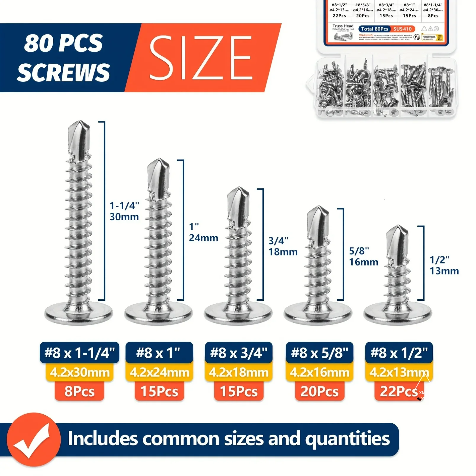 Modified Truss Head Sheet Metal Screws Assortment Kit 410 Stainless Steel Self Tapping Drilling Screws for Metal Plastic Wood