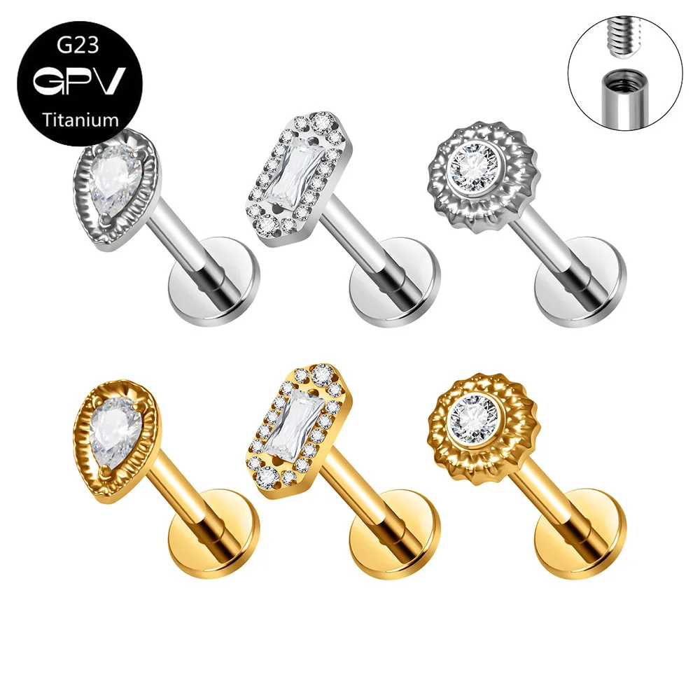 ASTM G23 Titanium Ear Cartilage Nail Internal Thread Round Rectangular Zircon Ear Nail Male and Female Perforated Jewelry