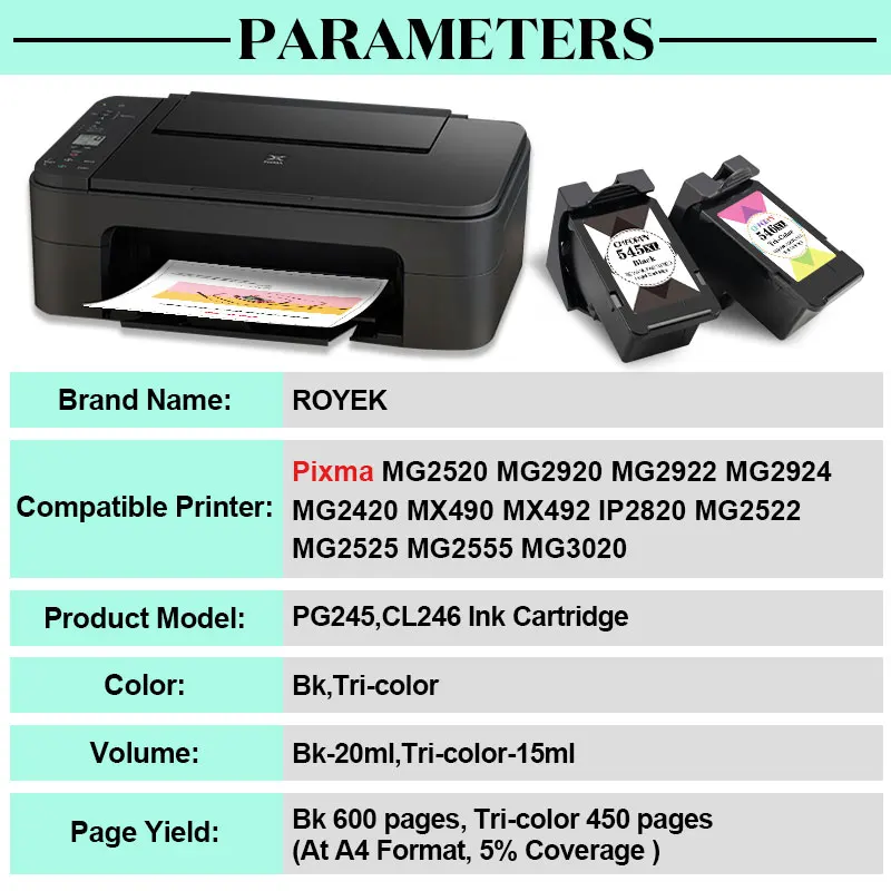 Imagem -04 - Cartuchos de Tinta para Canon Pg245 Royek para Pg245 Cl246 246 para Mg2924 Mx492 Mg2520 Ts302 Ts3120 Ts3122 2420 2555 de Impressora