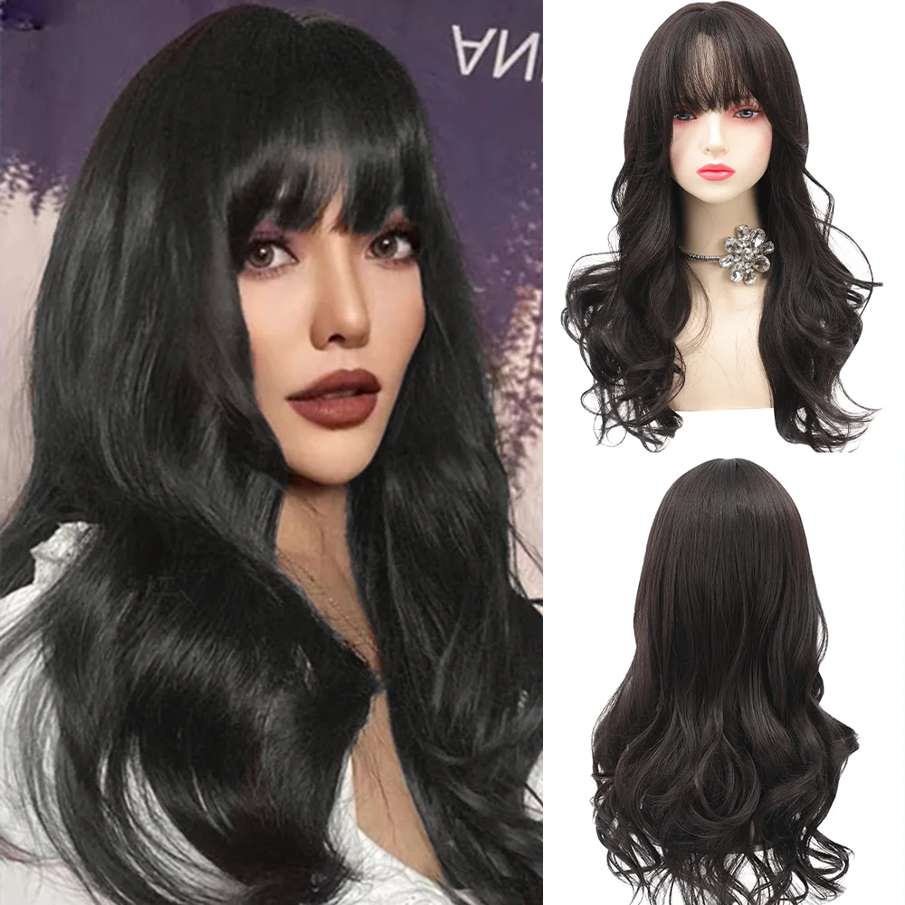 

XG Women's long hair full headband simulated air bangs big wave curly atmosphere slightly curly long curly hair full wig set