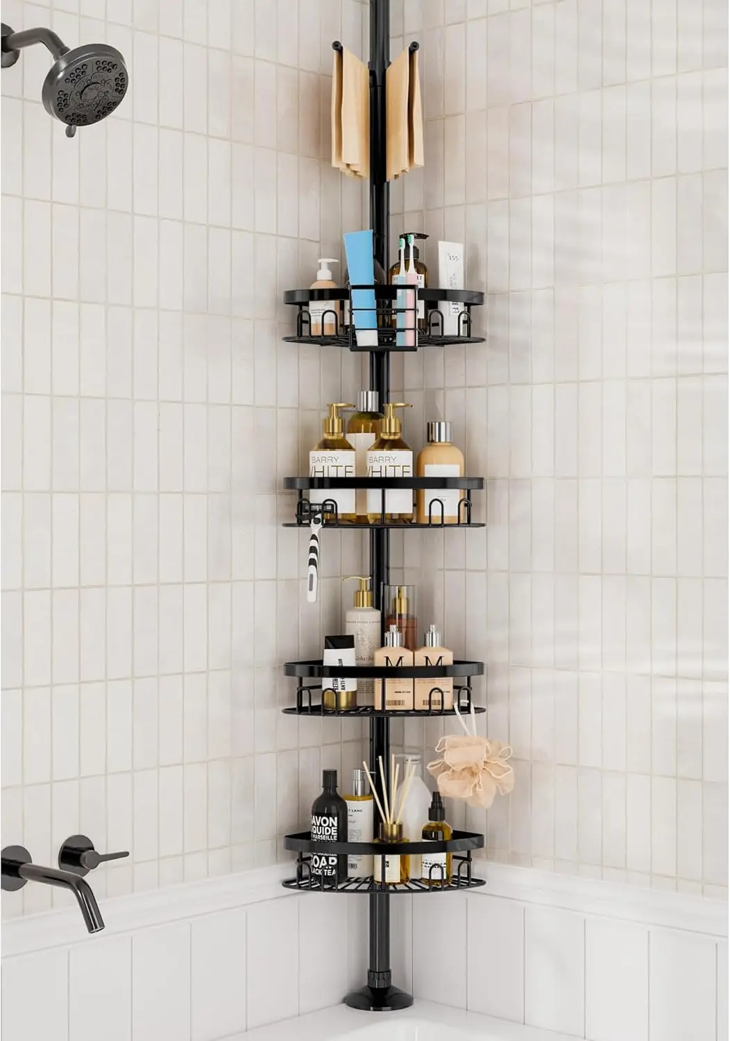 

Adjustable Corner Shower Caddy Tension Pole, 4 Large Rustproof Baskets for Bathroom Storage Organizer with Towel Bar