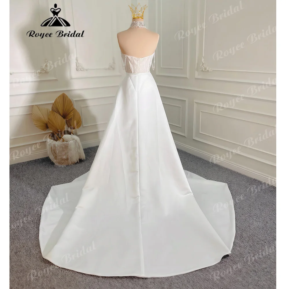 Strapless Wedding Dress Crystal Rhinestone Corset Bodice Detachable Satin Overskirt Mini Fitted Inner Skirt Bridal Gown Custom