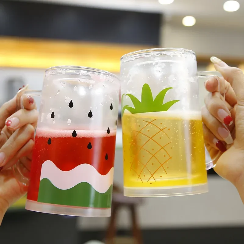 

Creative Drinks Juice Ice Cup Watermelon Pineapple Drinking Simple Convenient Double Plastic Hand Hand Coffee Beer Wine Glass