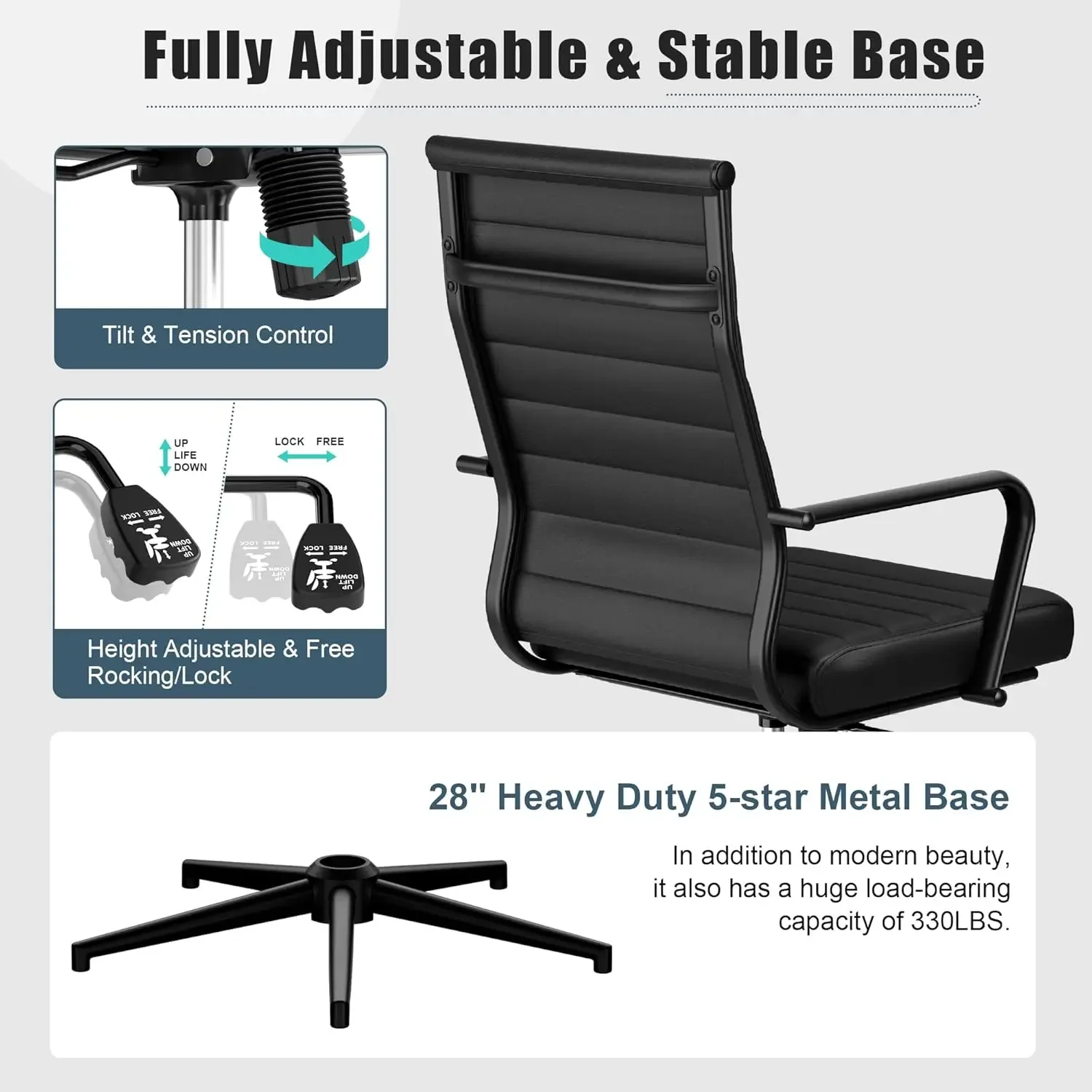 Leather Office Desk Chair, Conference Room Chairs Executive Chair Ribbed, Ergonomic Height Adjustable Swivel Rolling Chair for H