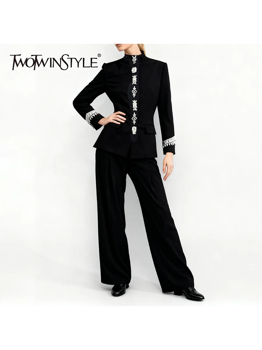 

TWOTWINSTYLE однотонные повседневные комплекты из двух предметов для женщин, комплект брюк с высокой талией и длинными рукавами, топ с бисером, женский новый комплект