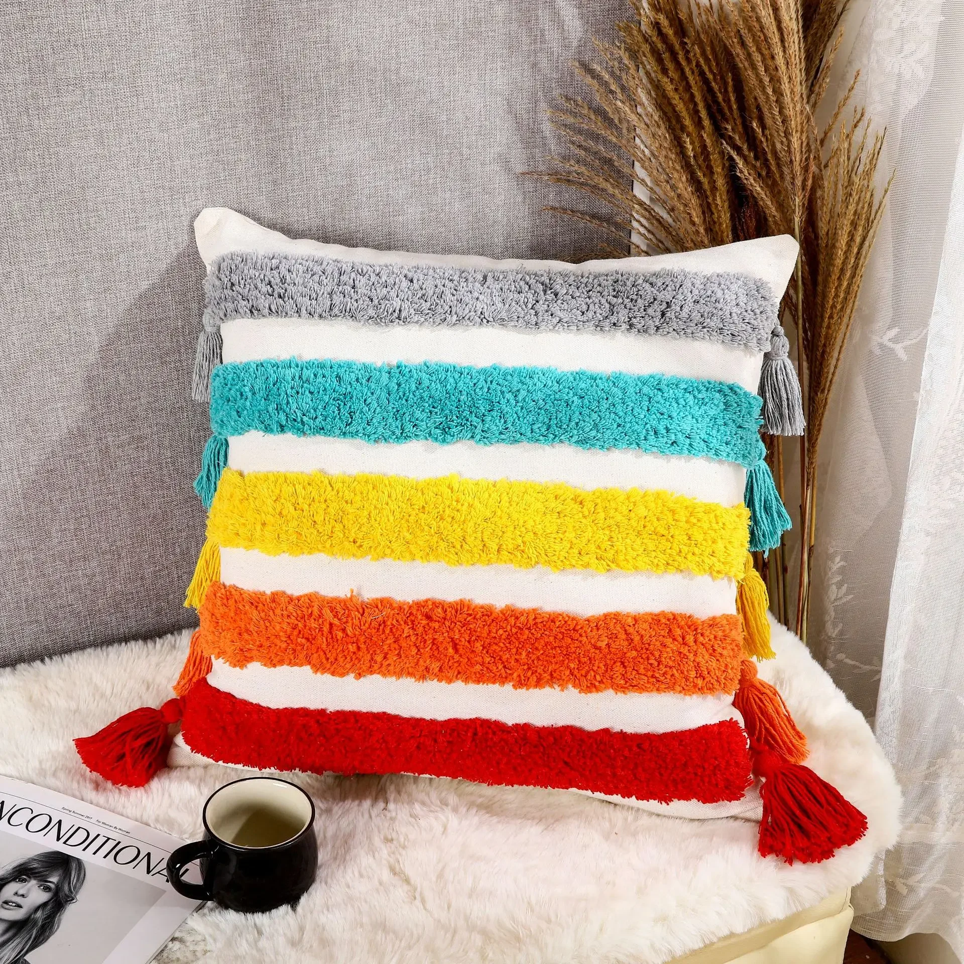 Nordic ins wind tufted pillow B & B light luxury embroidery cushion removable and washable fringed home pillow cover