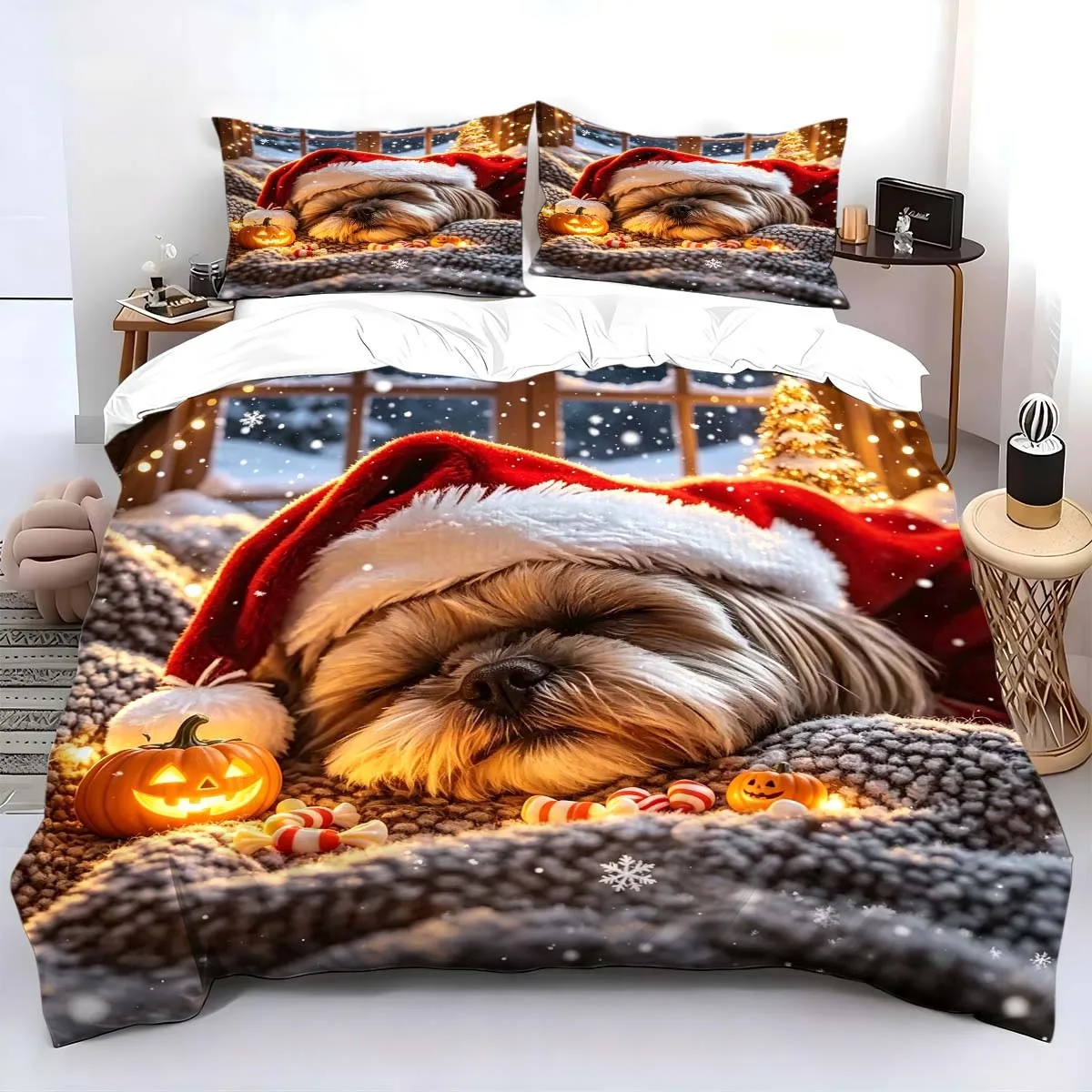 3PCS Merry Christmas Bedding Set Lovely Dog Printed Cozy Duvet Cover Set King Queen Twin Single Size Birthday Gift Bedroom Decor