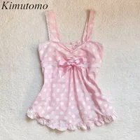 Kimutomo Camis mujeres Vintage lunares encaje Patchwork dulce verano moda chica Y2k Harajuku Crop camisetas sin mangas mujer Casual