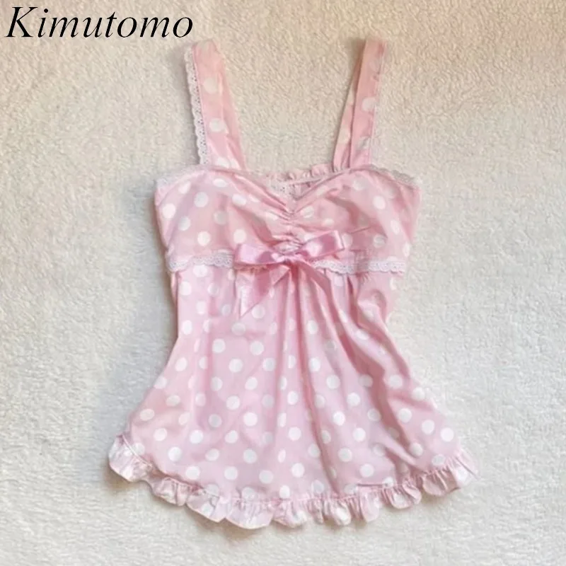 Kimutomo Camis Women Vintage Polka Dot Lace Patchwork Sweet Summer Fashion Girl Y2k Harajuku Crop Tank Tops Female Casual