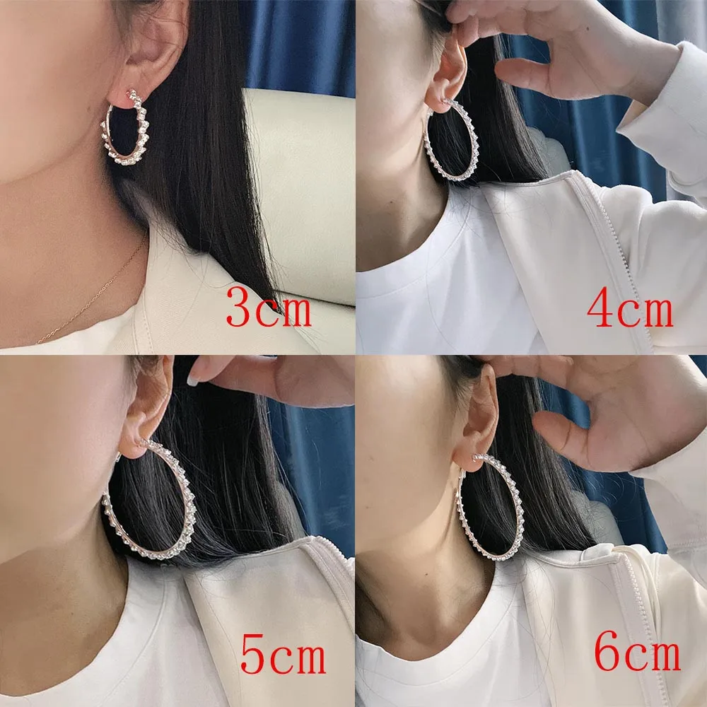 TREAZY New Rhinestones Big Circle Earrings for Women Wave Shape Shiny Crystal Round Hoop Earrings Brides Wedding Party Jewelry