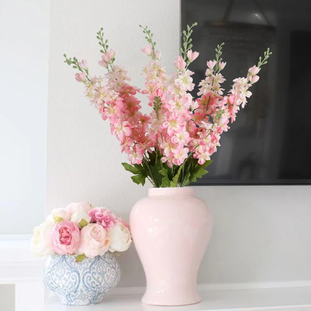Yannew 6pcs Pink Silk Artificial Delphinium Flowers Long Stem for Wedding Table Centerpieces Indoor Home Floral Vase Decoration