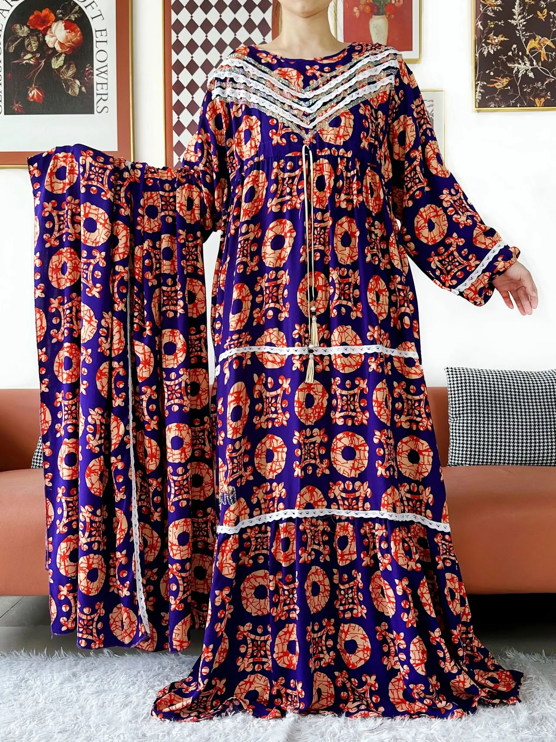 2025 نسيج عالي الجودة KASHKHA فساتين نسائية فستان بكم طويل عباية قطن وشاح كبير بوبو ماكسي إسلام فستان نسائي أفريقي #6