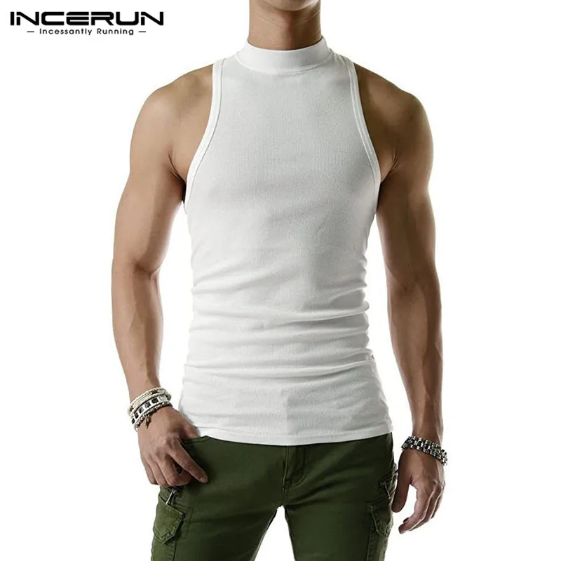 2023 Men Tank Tops Solid Color Turtleneck Sleeveless Knitted Casual Vests Summer Streetwear Fashion Men Clothing INCERUN S-5XL