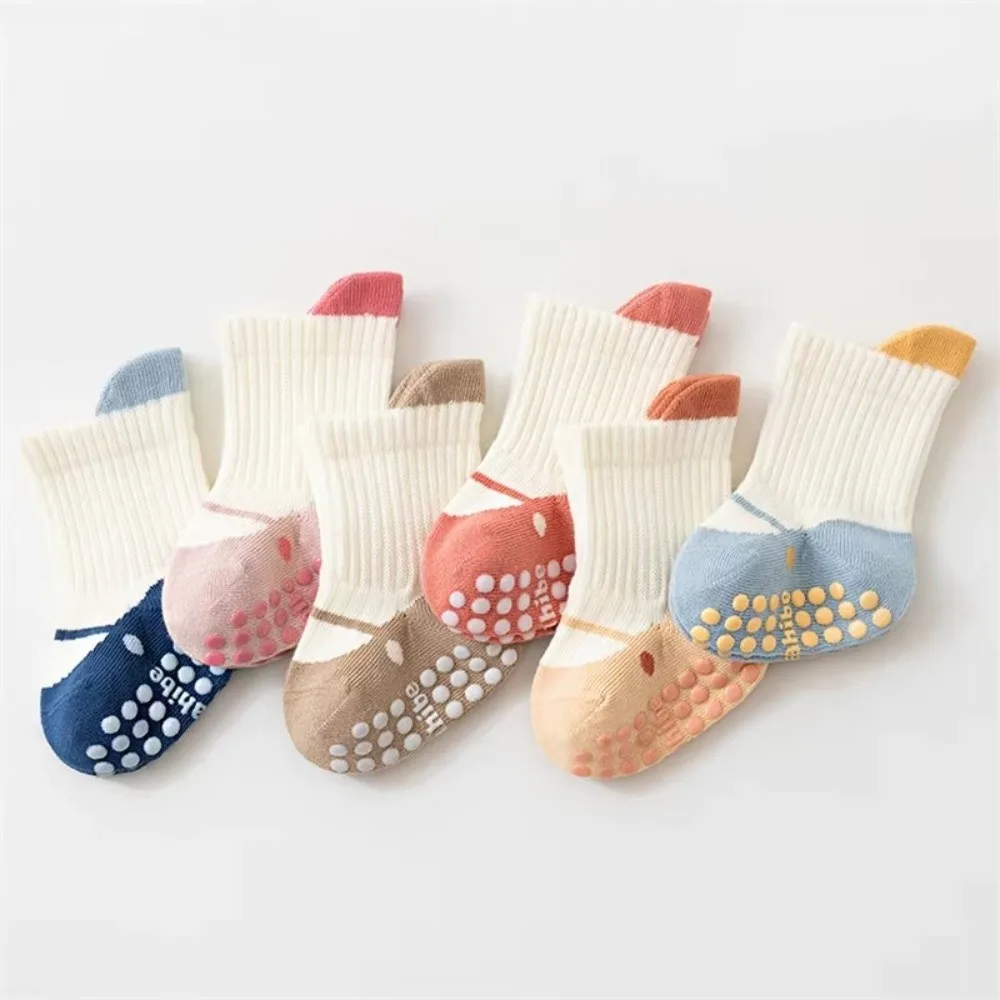 3 Pairs Rubber Grip Sole Anti-Slip Socks Non-Slip Elastic Cuff Toddler Cotton Socks Comfortable Soft Cotton Infant Walking Socks