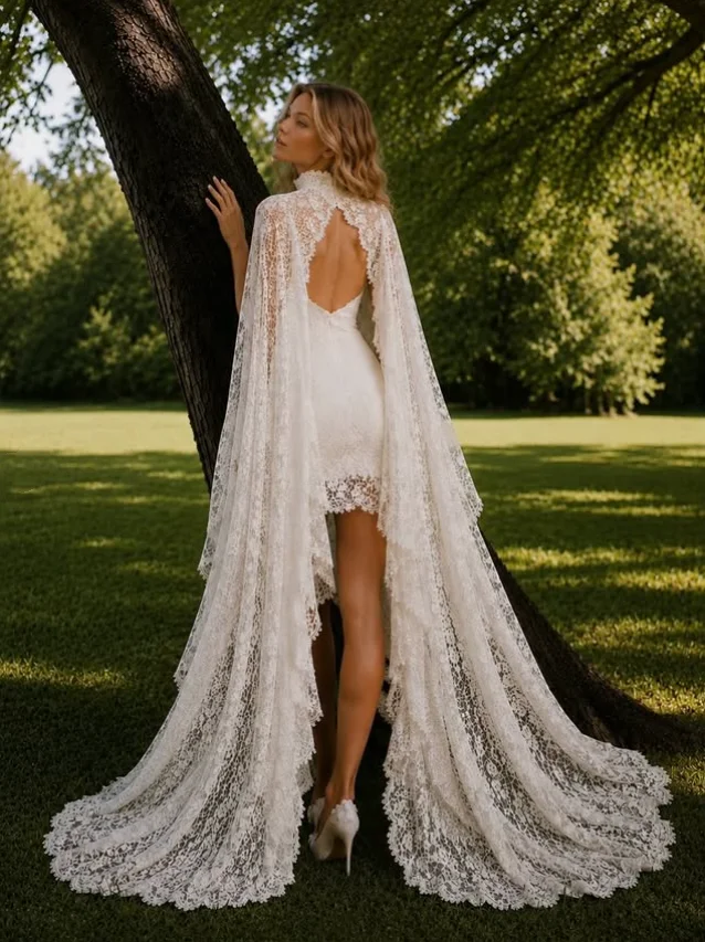 White Lace Wedding Dress Bohemian vestido novia Short Beach Wedding Dress платье свадебное with Shawl Bridal Gown Customized