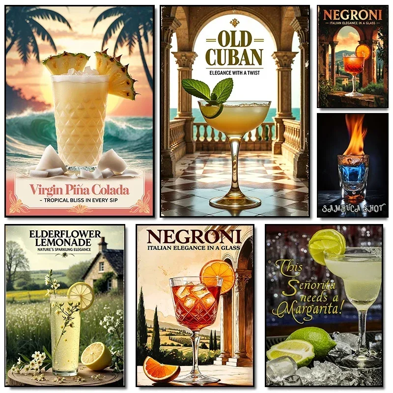 Fashion Cocktail Fruit Drink Mojito Vintage Poster Prints Canvas Painting Wall Art Picture Living Room Home Restaurant Bar Decor