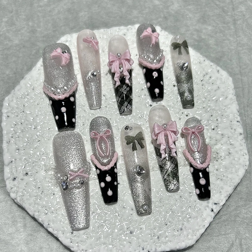 10 個 Y2K ブラックピンクフレンチ手作りプレス爪かわいいレースリボン水玉弓ロングネイルアート甘いエッジの効いたグリッター偽爪