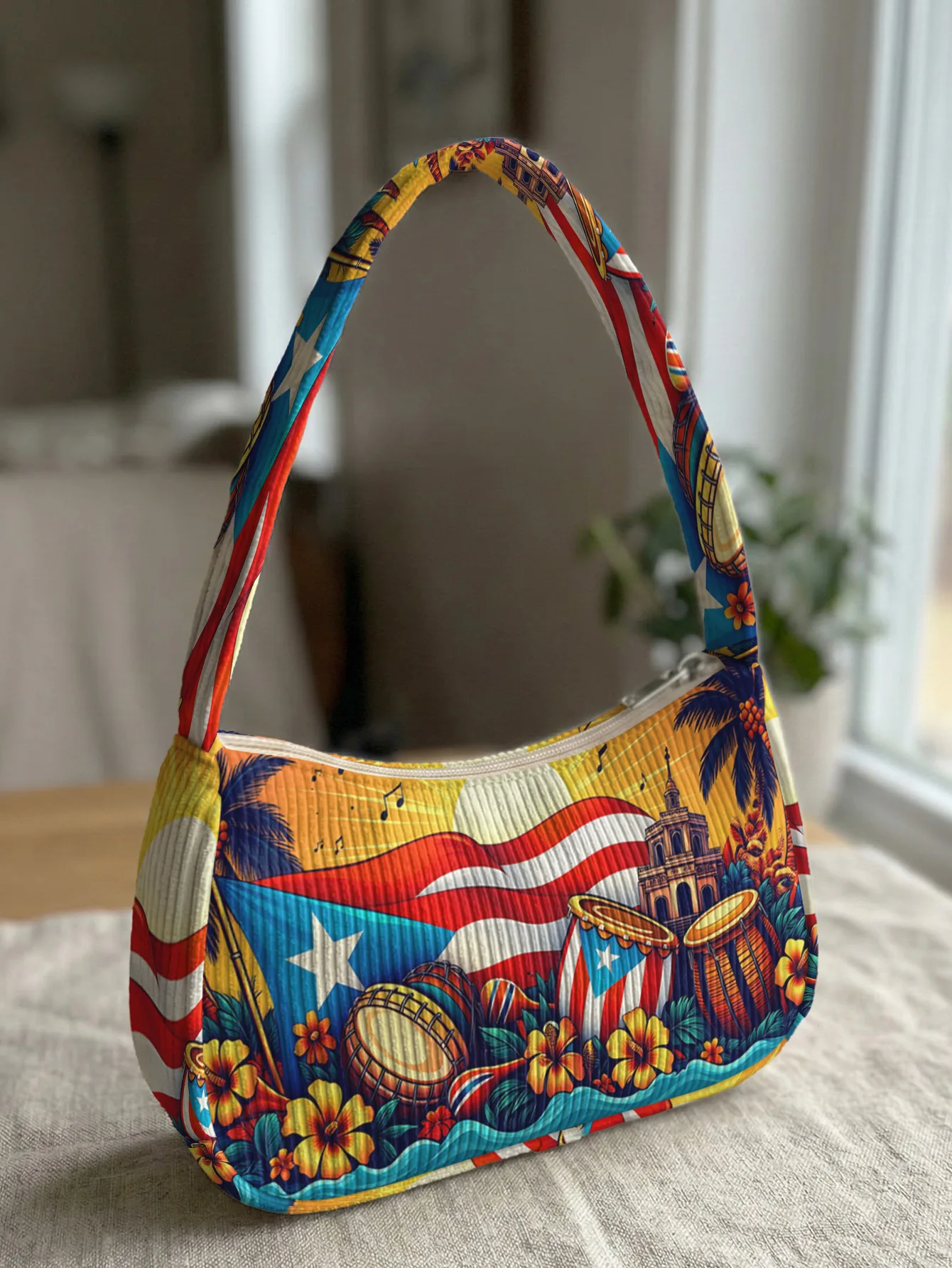Trendy Puerto Rican Culture Print Shoulder Bag, Corduroy Underarm Bag for Daily Casual Use