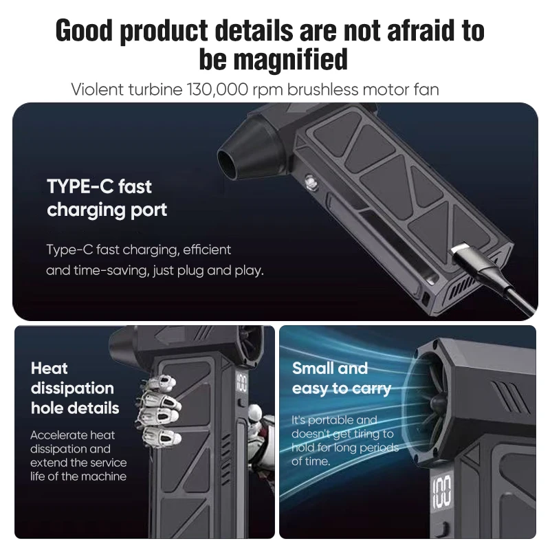 Super Turbo Fan 130,000RPM Turbo Violent Fan Powerful Air Blower Vacuum Dust Cleaner Type-C Charging 55m/s Brushless Jet Blower