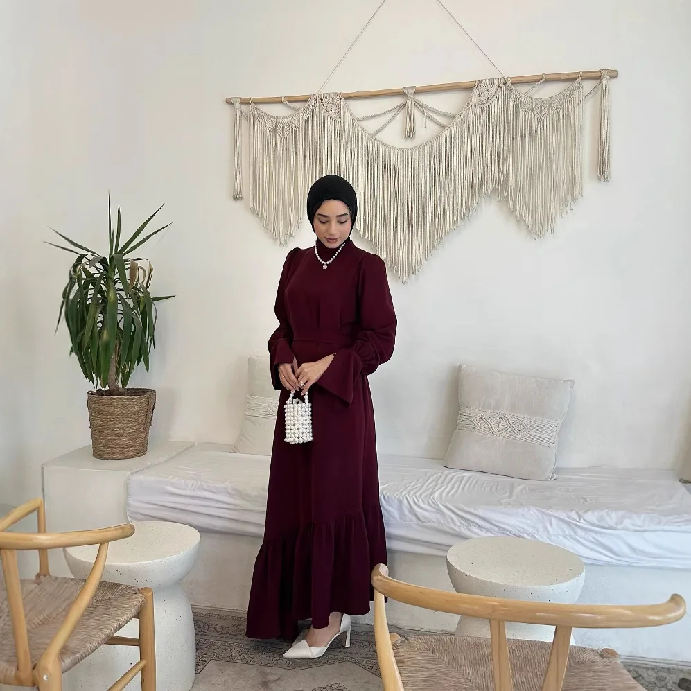 Muslimische Mode Abaya Muslim Solid Langarm Kleid Schnürrock Dubai Kaftan Damen Maxi Damen Robe