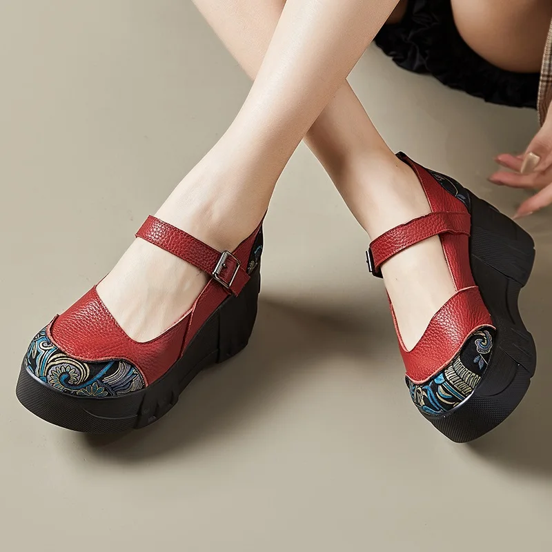 DRKANOL National Style Women Chunky Platform Casual Shoes Spring Printing Genuine Leather Buckle Strap Wedges Heel Women Shoes