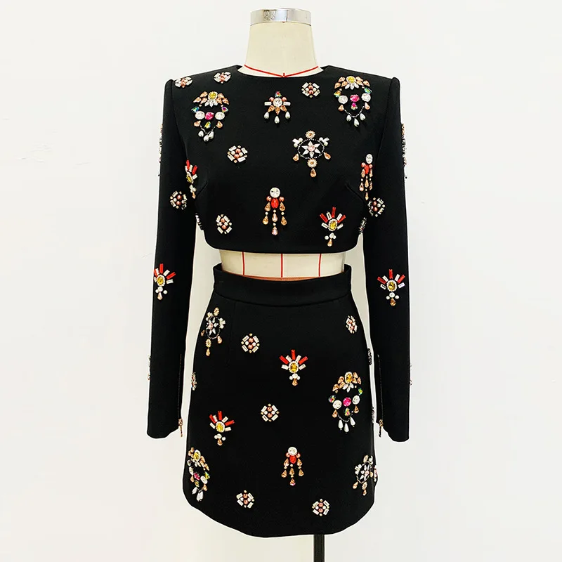 Beaded Crystals Women Skirt Suit Gorgeous Round Collar Short Tops A-line Skirt Formal Black Long Sleeve Coat New Design In Stock