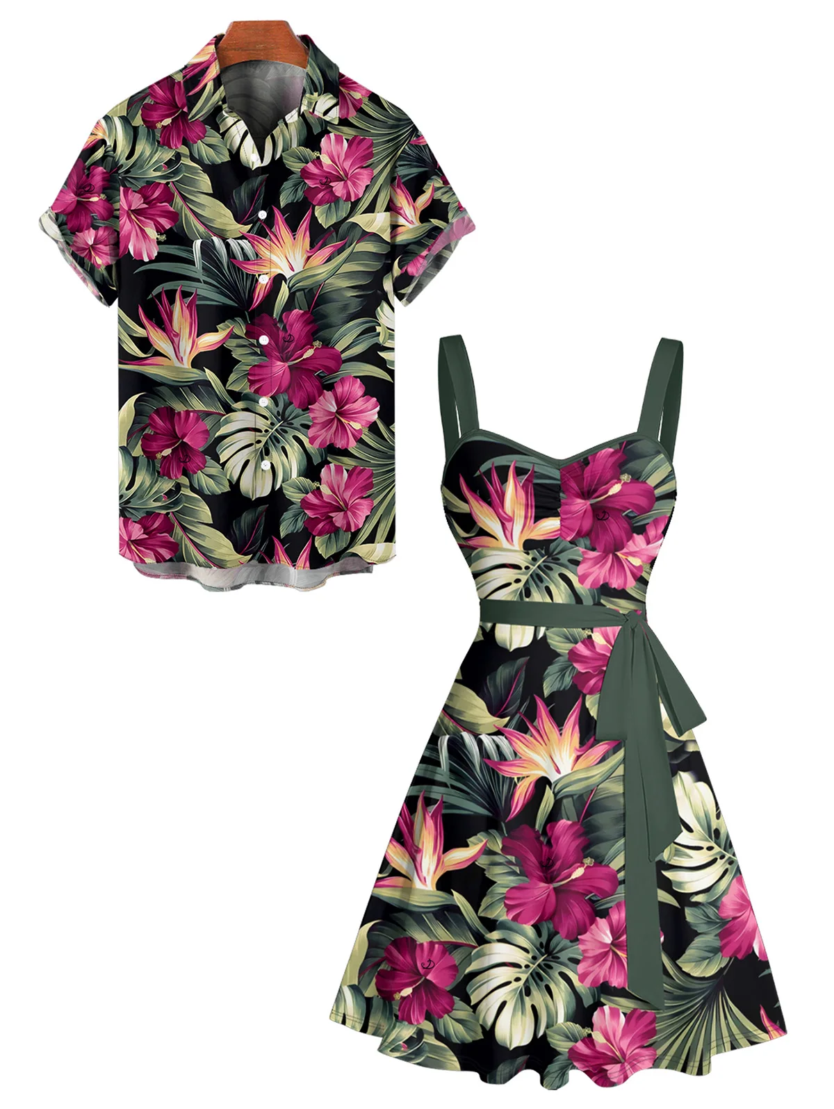 Dressfo Vacation Couple Outfit Tropical Floral Leaf Pattern Ruched Bust Belt Dress and Button Up Shirt Hawaii Matching Outfit