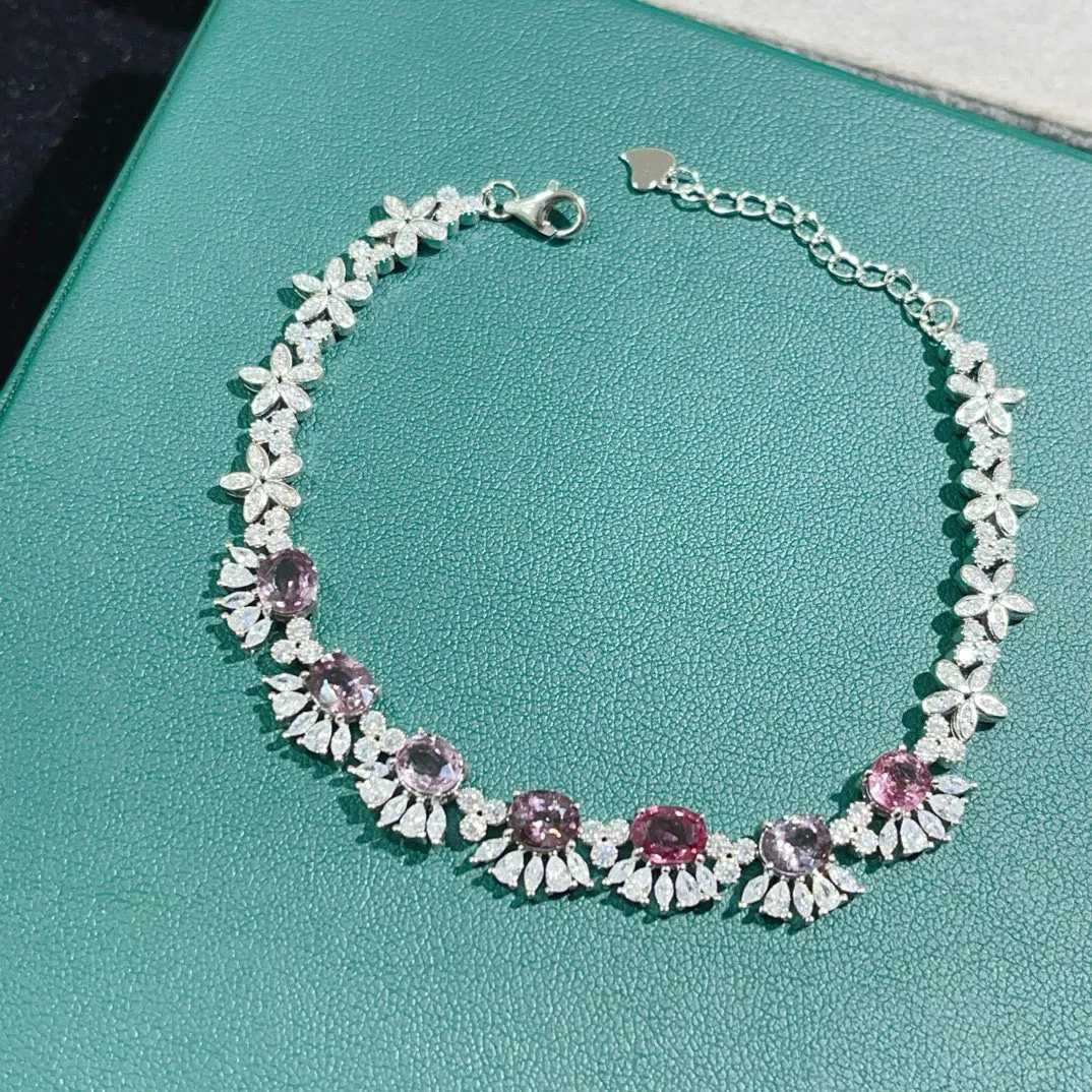 

Natural Spinel Bracelet 5*6mm 925 Sterling Silver Plated with 18K Gold Inlaid with Pink and Purple Multi-colored Gemstones