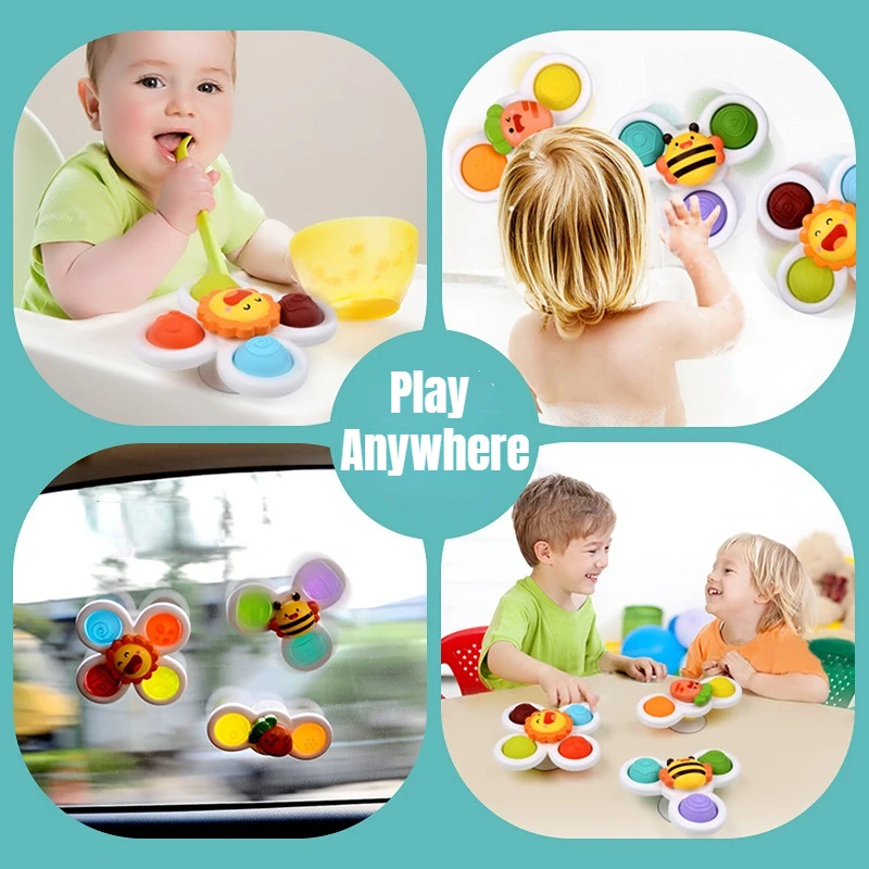 3pcs Children\'s Cartoon Animal Suction Cups Press And Rotate, Happy Baby Fingertips, Top Table, Rotating Flower Toys