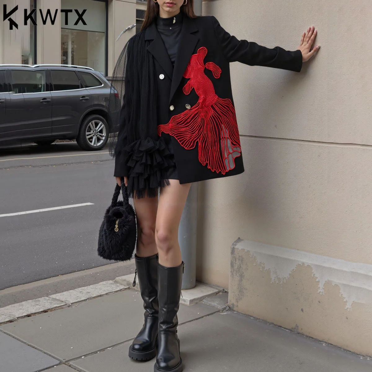 

KWTX женский повседневный блейзер с цветными блоками из прозрачной сетки с 3D вышивкой и лацканами на одной пуговице, винтажный шикарный 2025, новый высококачественный комфортный крой