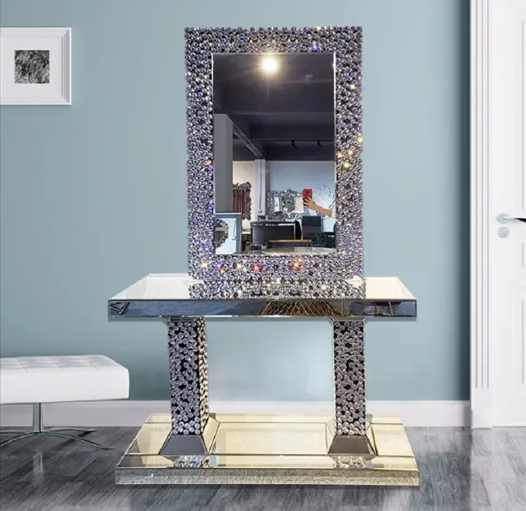 Luxury Mirrored Console Table Half Moon shaped Hallway Table Classic Konsole With Round Wall Mirror For Home Hotel