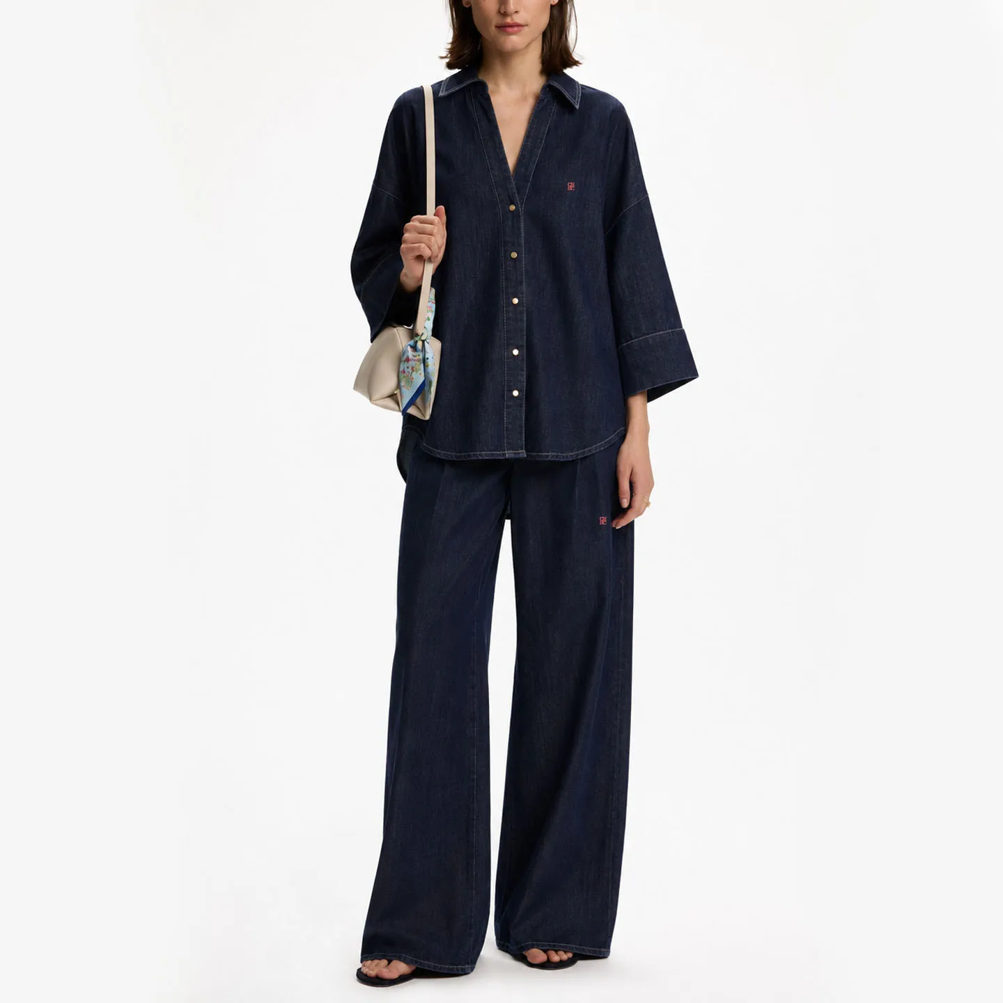 CH Damen Denim Zweiteiler Set: Oversized Knopfhemd und Weite Jeans, Lässiges Streetwear-Outfit für Frühling und Herbst – Detail 3