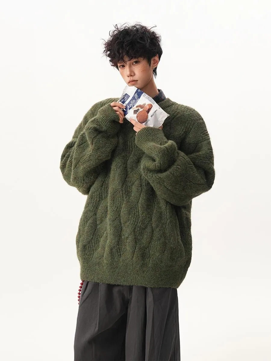 

Retro round Ne Knitted Sweater Men's Loose Lazy Twist Thiened Autumn Winter Outerwear Casual Sle Polyester Fiber