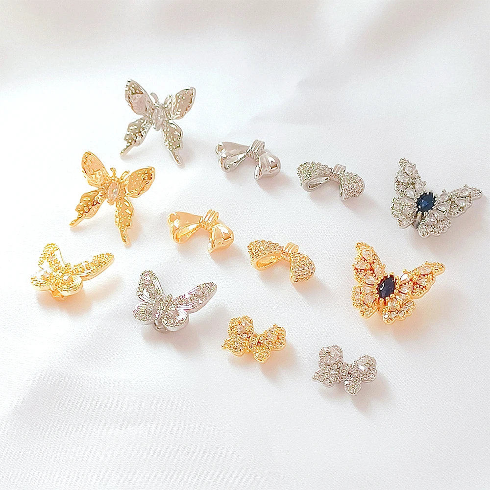 Brass Coated Gold Zircon Inlay Butterfly Knot Back Wearing Style Bead DIY Jewelry Making Necklace Bracelet Accessory Materials