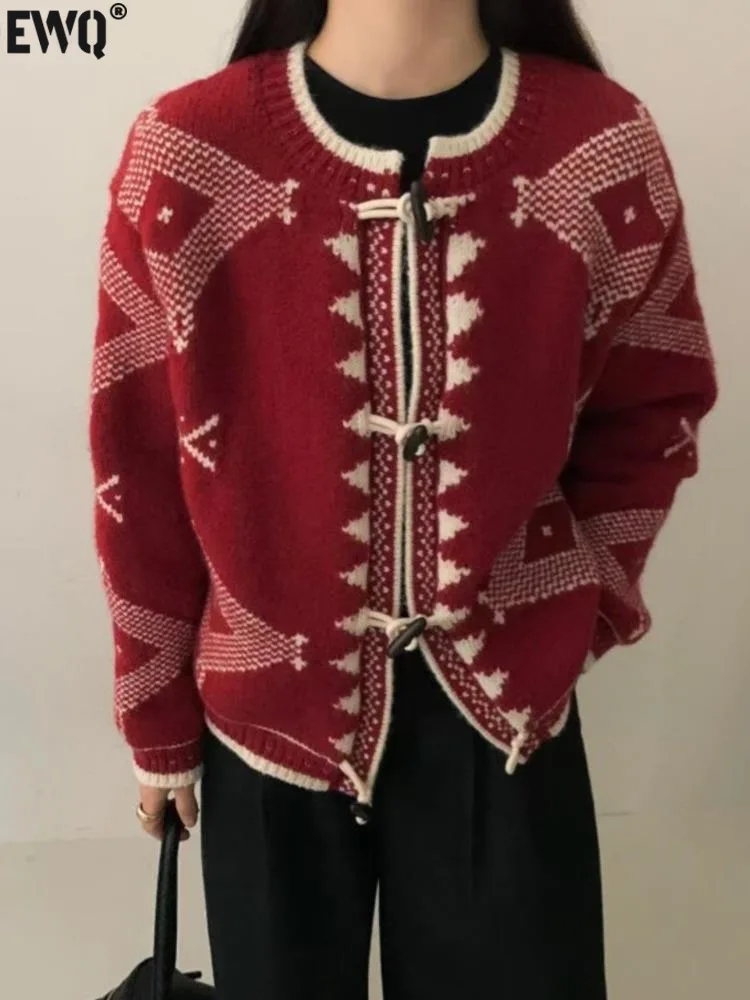 [Ewq] coreia chique vermelho jacquard camisola jaqueta de malha cardigan topo moda e na moda roupas femininas 2024 maré inverno o3869