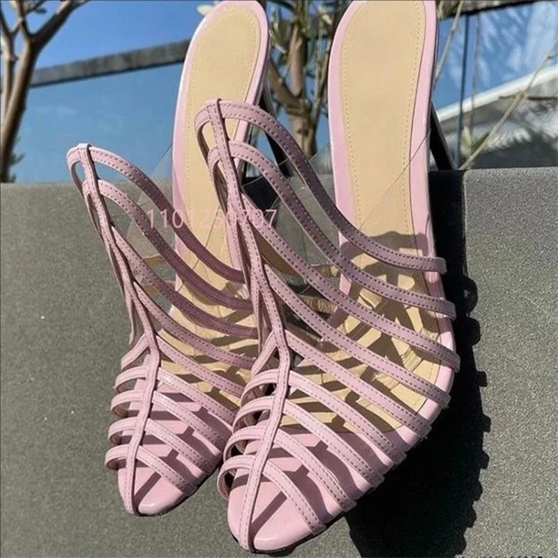 النمط الروماني جولة تو جوفاء الصيف النساء النعال خنجر عالية الكعب عادية أنيقة خنجر تنفس تصميم جوفاء الإناث P