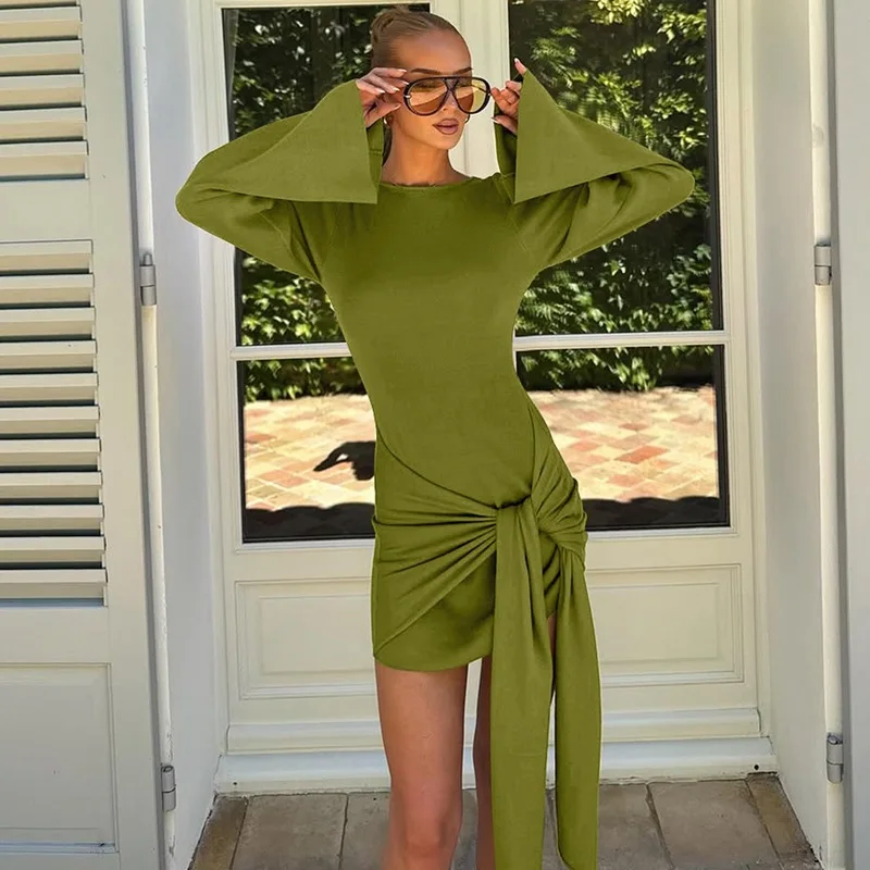 

Faionable Street Sle ort Dr Women's Pure Color Bell Sve Draped Sexy Autumn Winter Clothing High Waist Knitted Dr