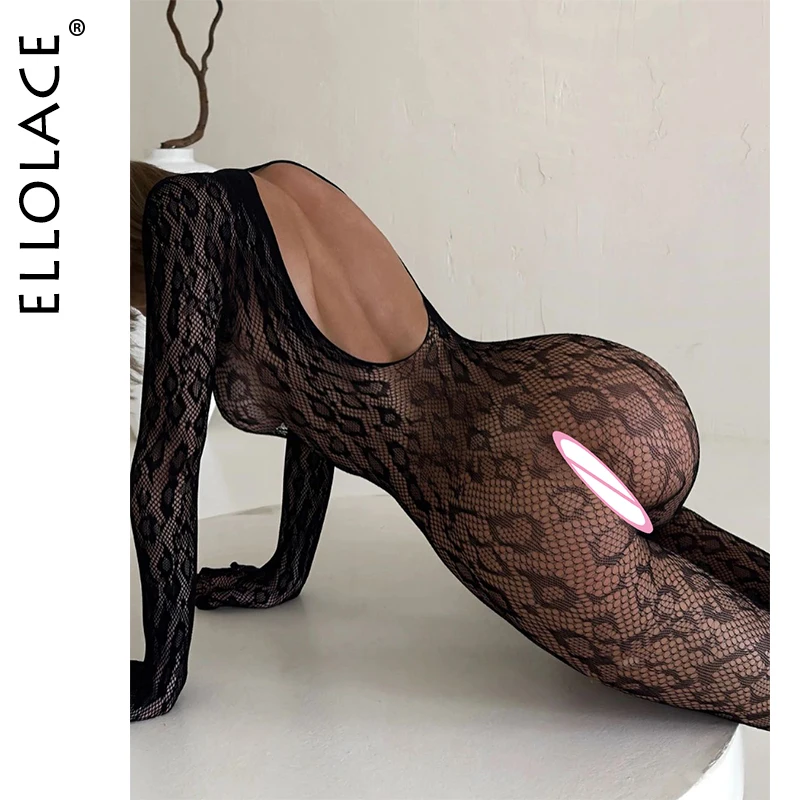 Ellolace Sexy Female Lingerie Fantasy Closed Crotch Backless Sheer Long Sleeve Jumpsuit Porn Party Adult Doll One-Piece Outfit