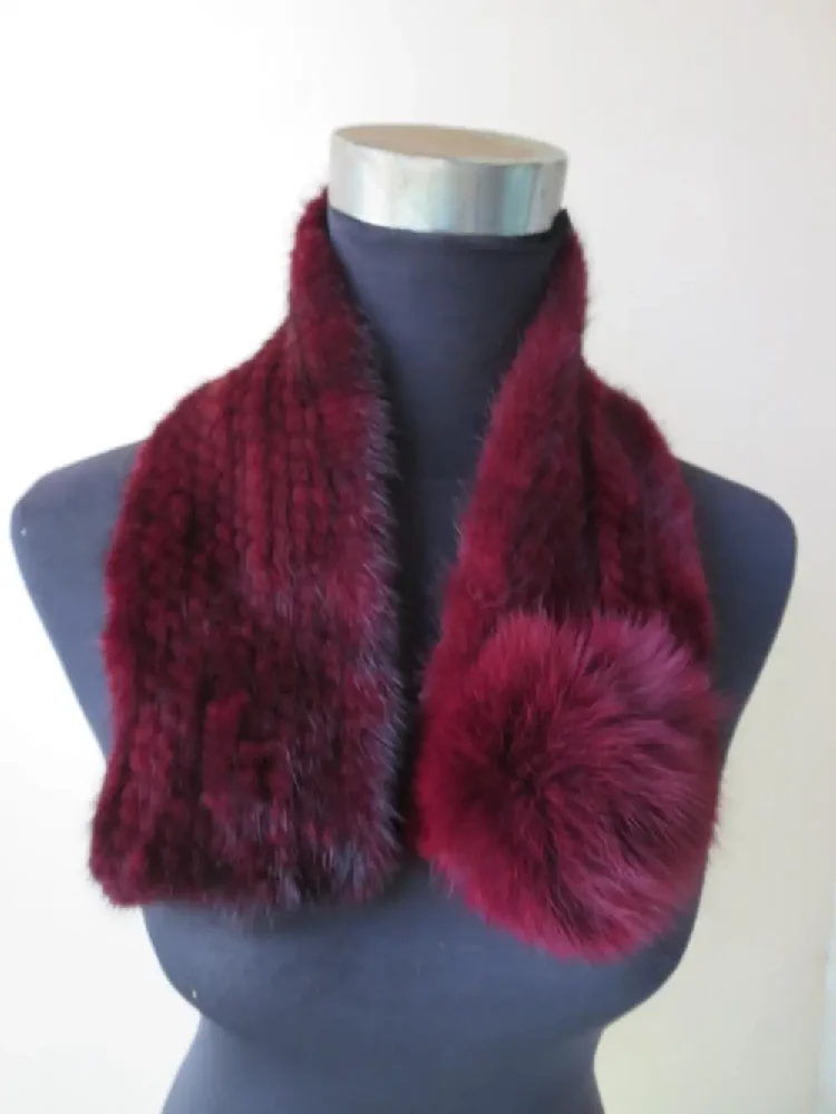 Women's Real Mink Fur Scarf With a Fox Fur Ball Lady's Winter Warm Neckerchief Wine Red Black Brown