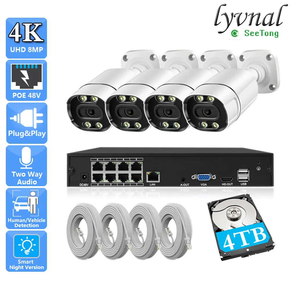 

8CH POE Video NVR Set Surveillance Kit 4K 8MP Sony415 Security Vedio PoE System HD 5MP Bullet Two Way Audio Color Night Vision