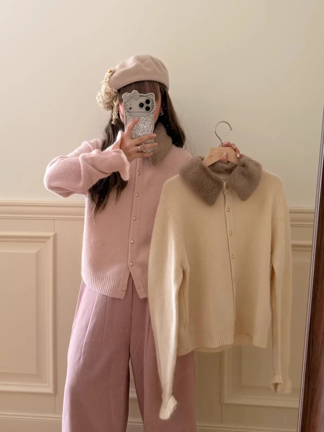 

Женский вязаный кардиган ReallyWhy, четырехцветный, с меховым воротником, нежный, длинный рукав, эксклюзив онлайн, зима 2025