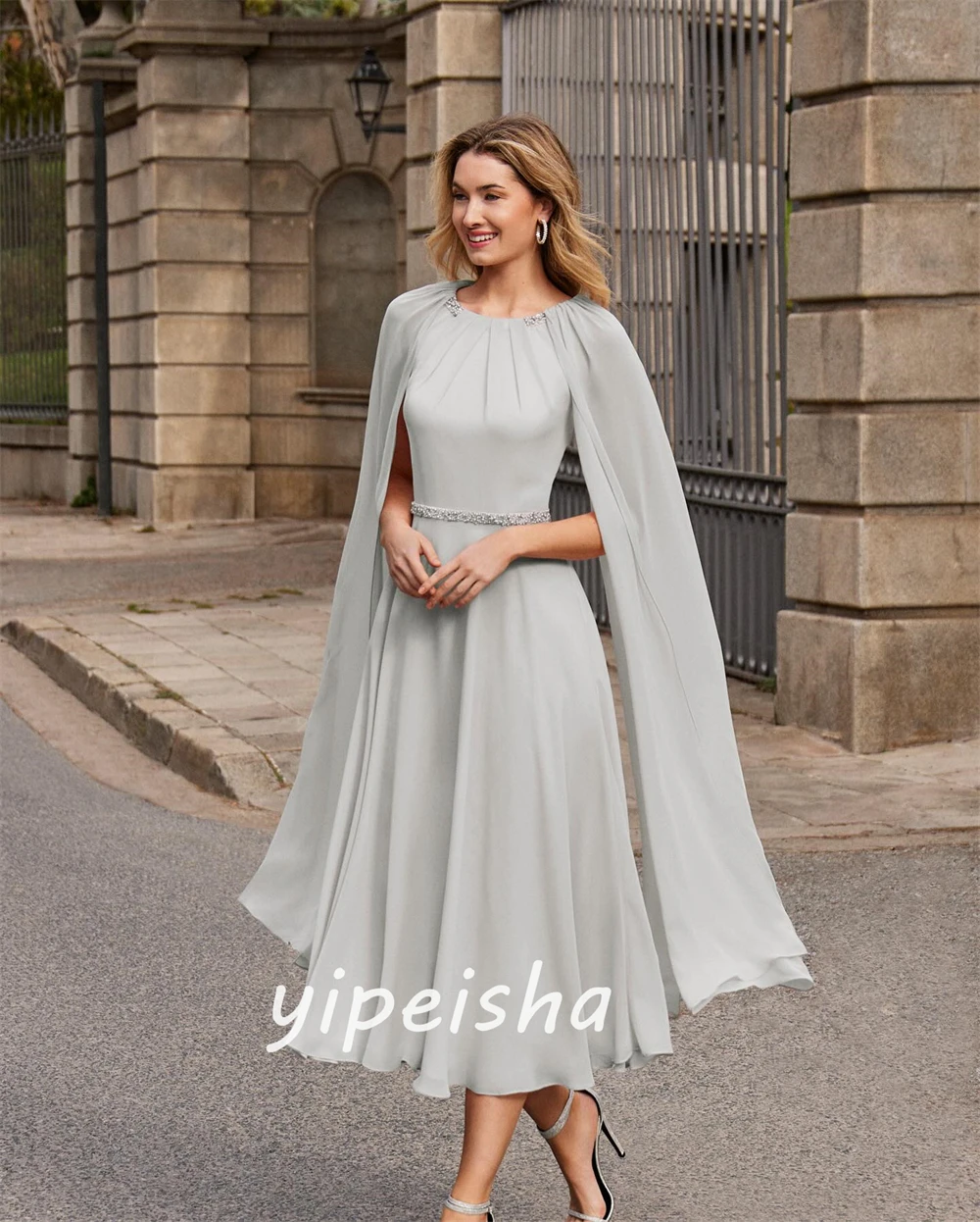 Customized  Sexy Casual   Jersey Sequined Ruched Valentine's Day A-line O-Neck Bespoke Occasion Gown Midi Dresses