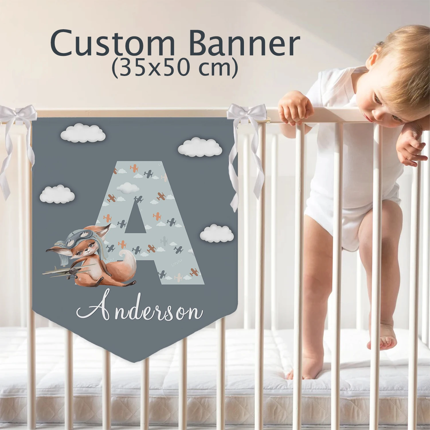 LVYZIHO Capital Letter Airplanes Custom Name Banner, Personalized Middle Name Wall Banner, Baby Room Decor, Customized Flag