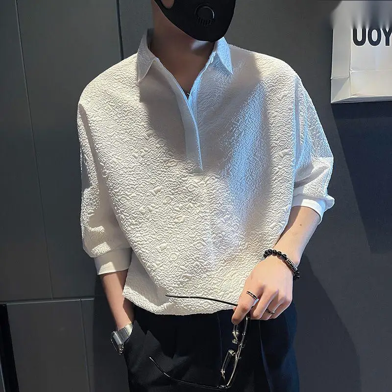 Basic Turn-down Collar Shirts Spring Summer New Casual Solid Color Men's Clothing 3/4 Sleeve Daily Stylish Jacquard Weave Shirts