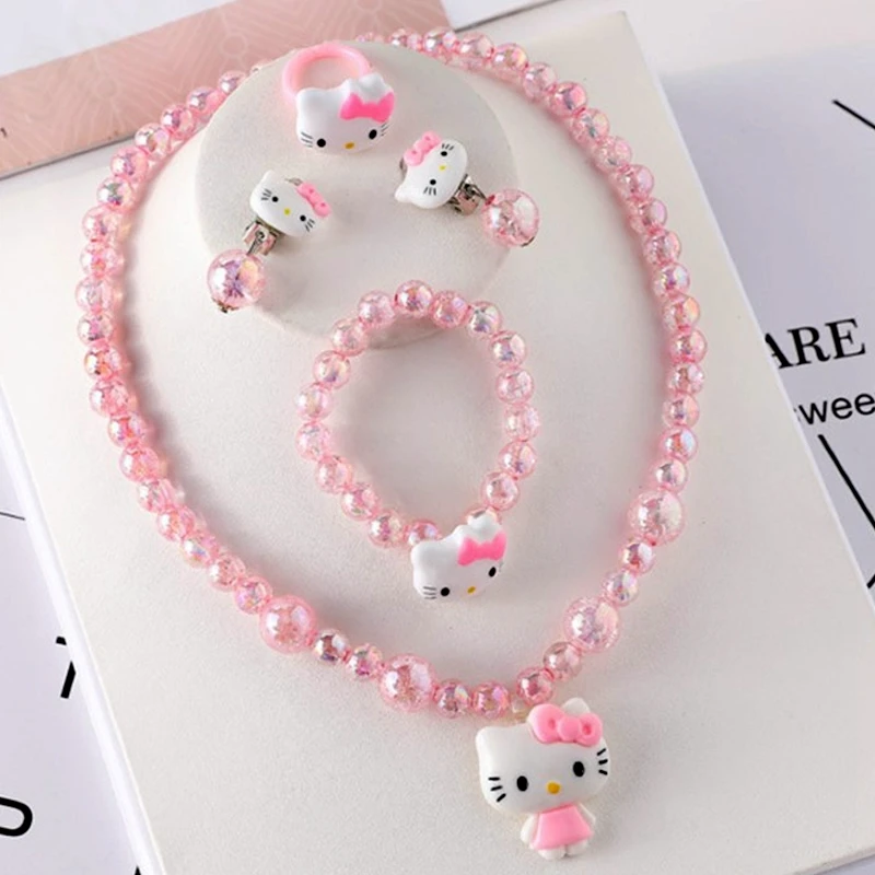 4pcs/set Cartoon Hello Kitty Necklace Hairclips Ring Set Toy Kawaii Sanrio Kids Hairpins Girl Heart Accessories Birthday Gifts