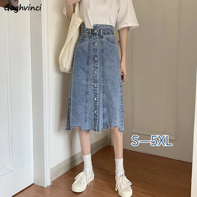 

Midi A-line Denim Skirts Women S-5XL Simple Vintage Ulzzang Chic Irregular Summer New Preppy Young Girl Fashion All-match Faldas