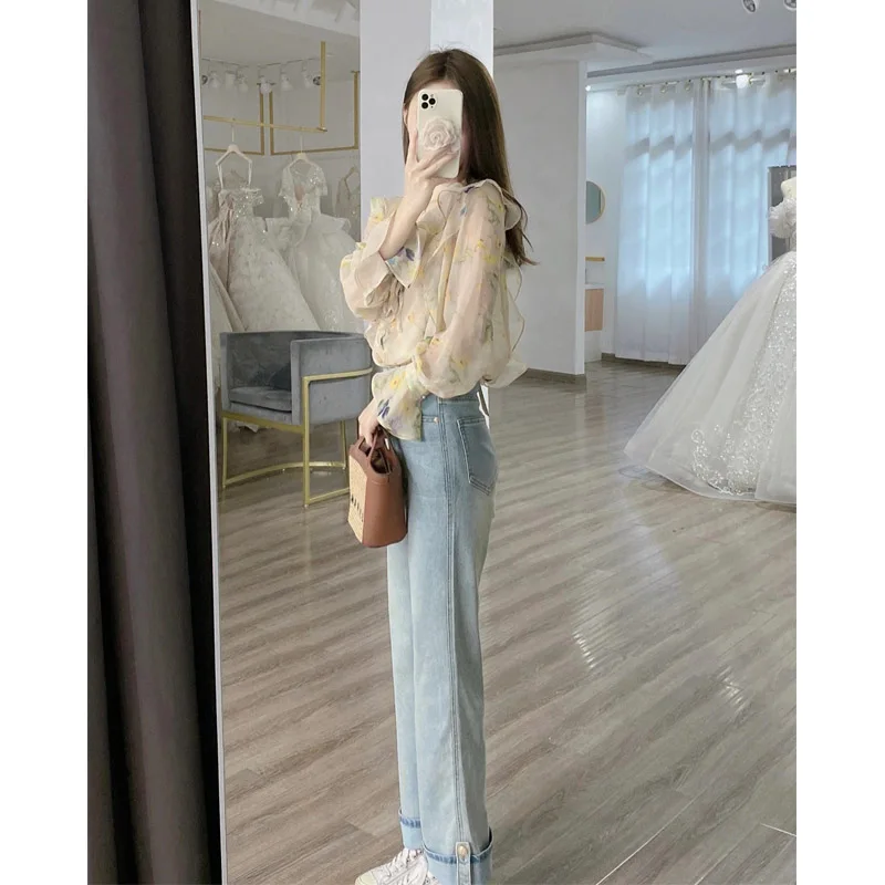 Sun Protection Floral shirt Women's Summer French Minority High-Grade Temperament Small Size Thin Long Sleeve Chiffon Top